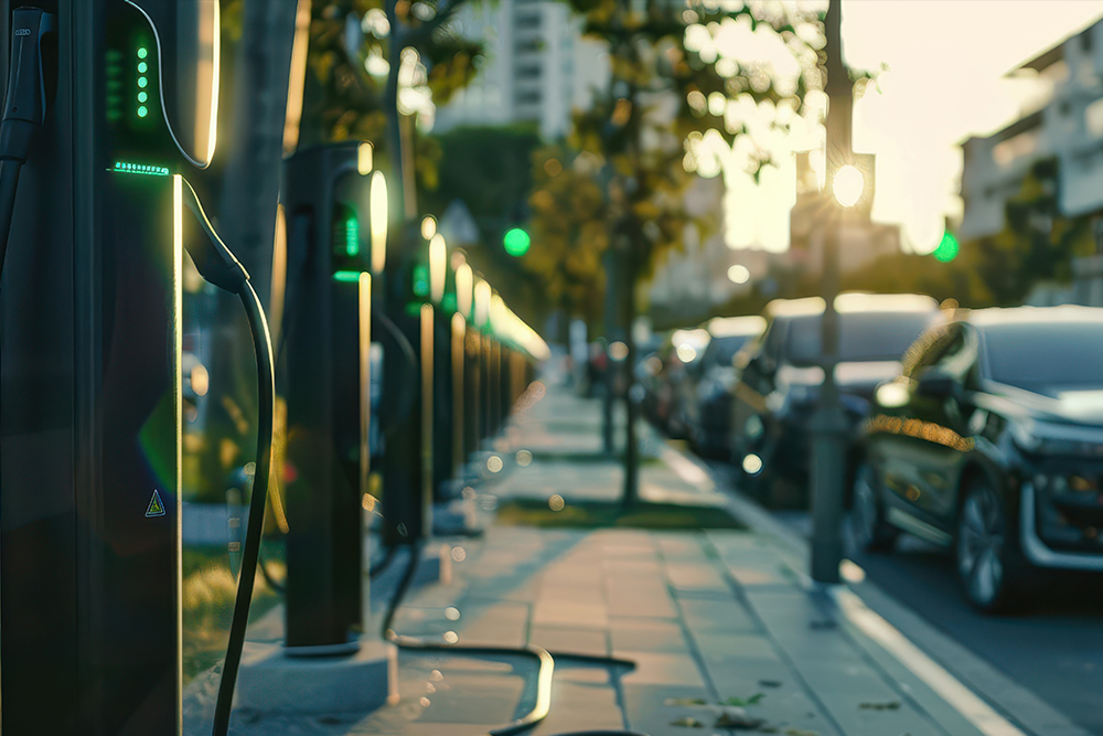 Several parking meters lined up in a tidy row on a city street,