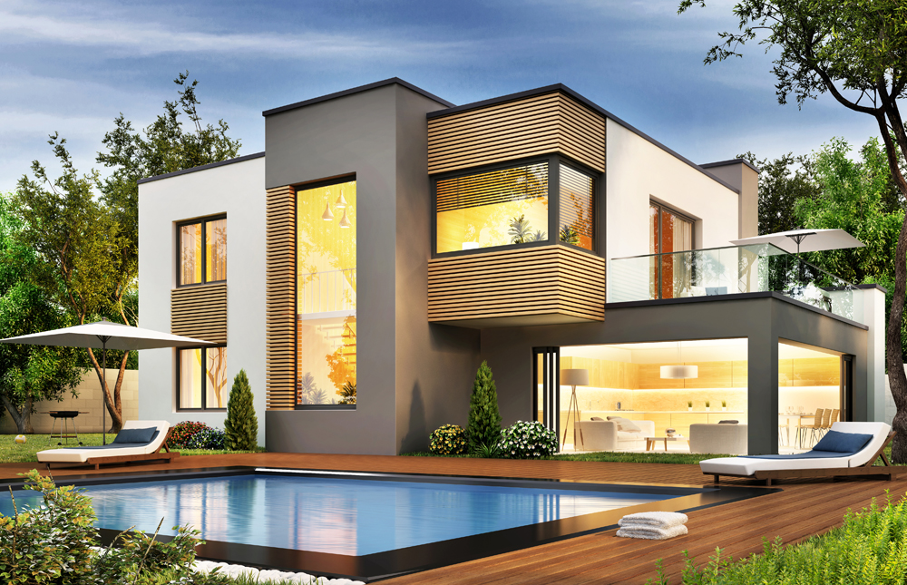  Modern house with terrace and swimming pool. 3D rendering with led tech